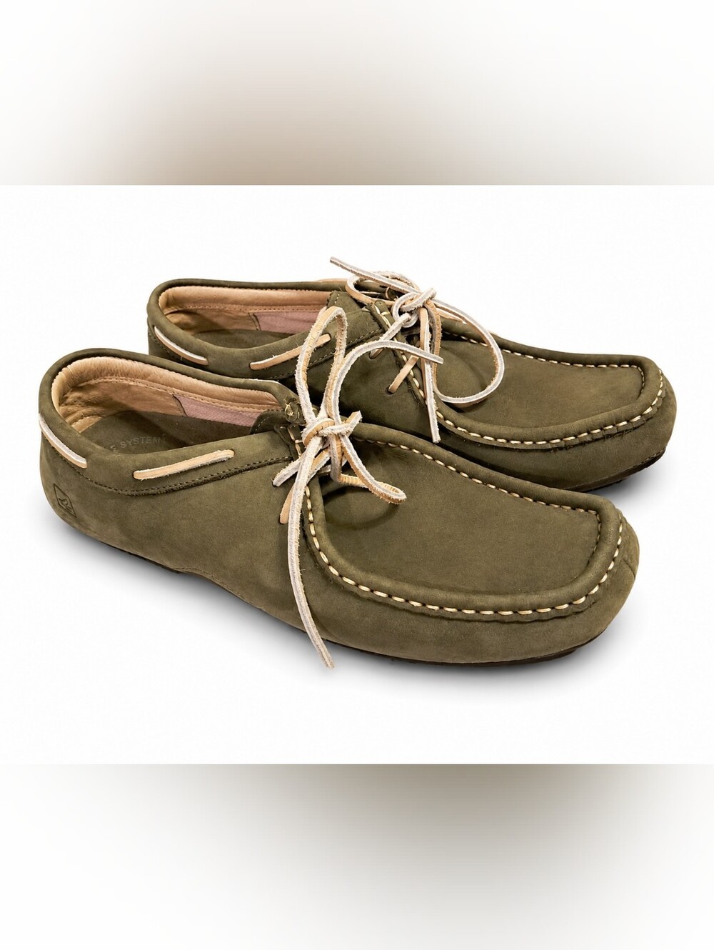 Sperry Olive Suede Moccasin Boat Shoes with Tan Laces Size 7.5